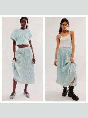 FREE PEOPLE Vera City Crinkle Pleated Skirt Seaglass Blue Green Aqua Sz 8